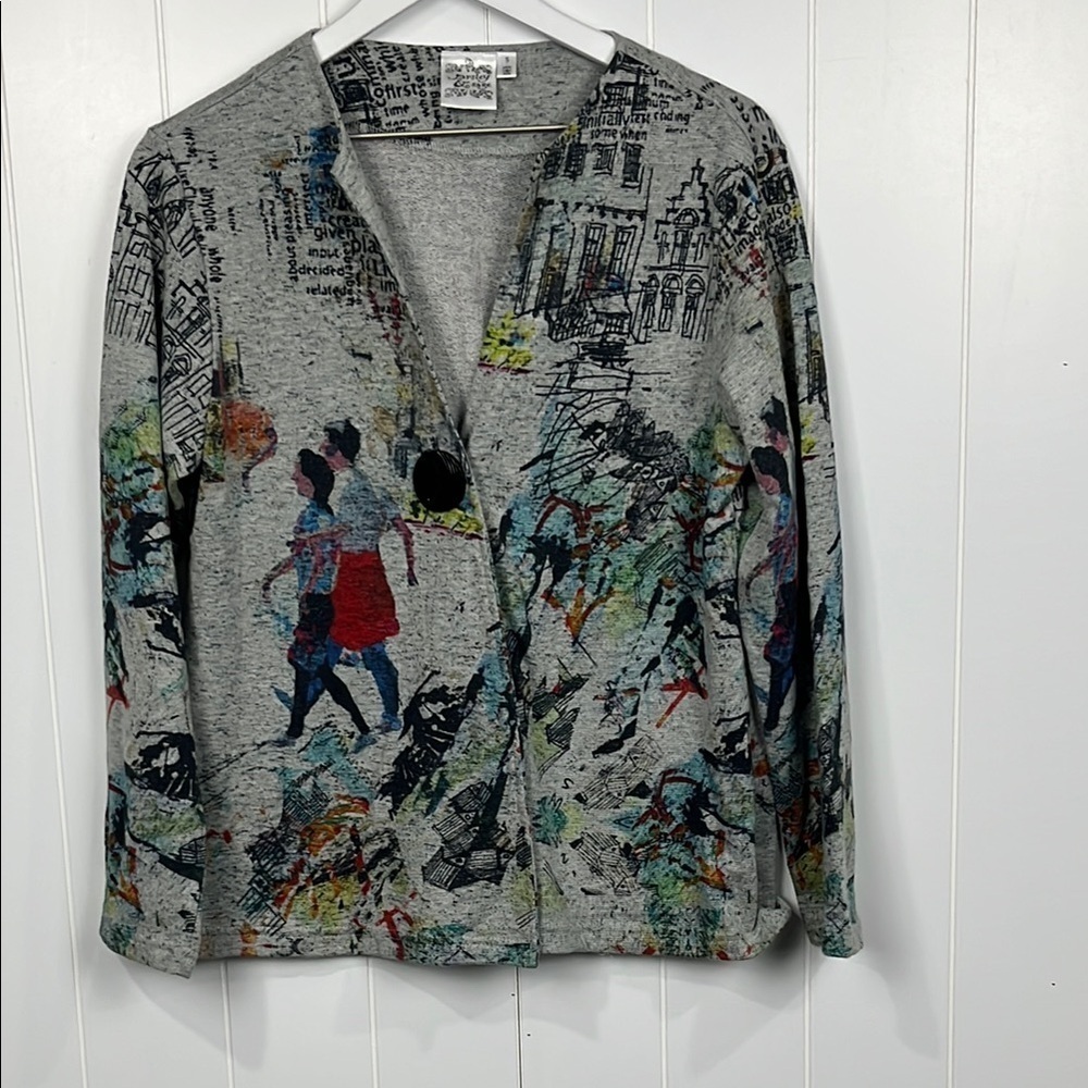 Parsley & Sage Womens Cardigan S Gray One Button Close Art Graphic Art to Wear
